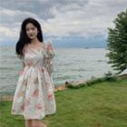 Long-sleeve Floral Print Mini A-line Dress Dress - White - One Size