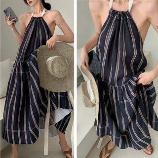 Sleeveless Striped Loose-fit Halter Dress As Figure - One Size