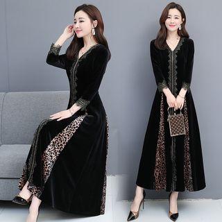 Leopard Print Panel Lace Trim Long-sleeve Maxi A-line Dress