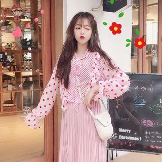Dotted Ruffle Trim Blouse / Midi Pleated Skirt