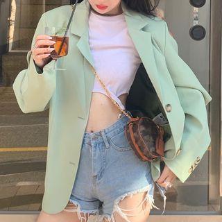 Plain Loose Fit Blazer Blazer - Green - One Size