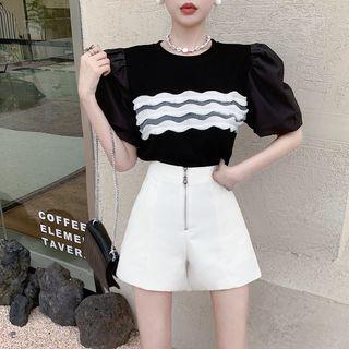Puff-sleeve Striped T-shirt / High Waist Shorts