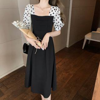 Puff-sleeve Polka Dot Slim Fit Dress