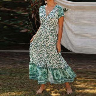 Short-sleeve Floral Print Button-up Maxi A-line Dress