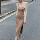 Set: Spaghetti Strap Midi Sheath Dress + Cardigan
