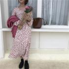 Long-sleeve Print Midi A-line Dress Dress - Red & Almond - One Size