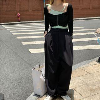 Set: Asymmetric Cropped Camisole Top + Long-sleeve Cropped T-shirt Black - One Size