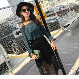 Set: Mesh Panel Pleated Chiffon Blouse + Pleated Lace Midi Skirt