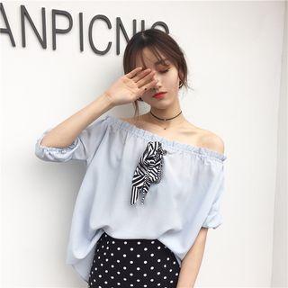 Bow Accent Off Shoulder Elbow Sleeve Chiffon Top