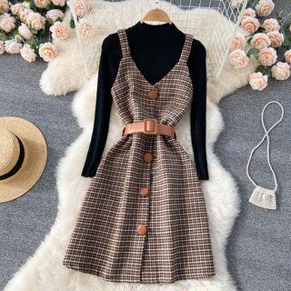 Set: Plain Knit Top + Sleeveless Plaid Dress