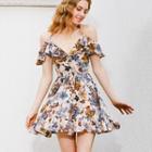 Frill Spaghetti-strap Floral Print V-neck Halter Dress