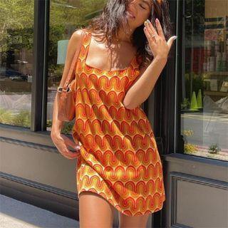 Sleeveless Square-neck Pattern-print Mini Dress