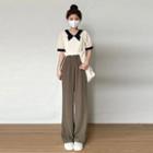 Short-sleeve Bow Accent Blouse / Wide Leg Pants / Set