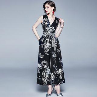 Flower Print Sleeveless Wide-leg Jumpsuit