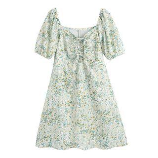 Puff-sleeve Square-neck Drawstring Floral Dress