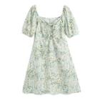 Puff-sleeve Square-neck Drawstring Floral Dress
