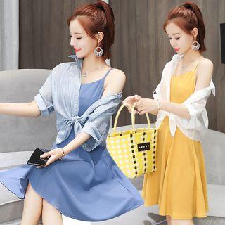 Set: Elbow-sleeve Shirt + Spaghetti-strap A-line Dress