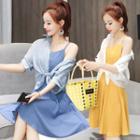 Set: Elbow-sleeve Shirt + Spaghetti-strap A-line Dress