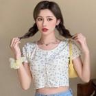 Floral Short-sleeve Crop Top Blue Floral - White - One Size