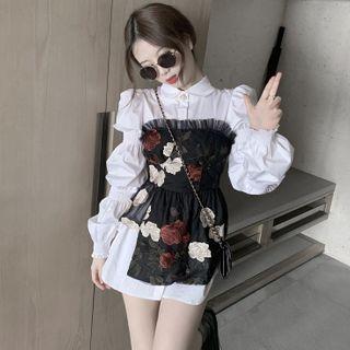 Details Puff-sleeve Ruched Shirt / Flower-embroidered Tube Top