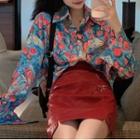 Long-sleeve Printed Shirt / Fitted Mini Skirt