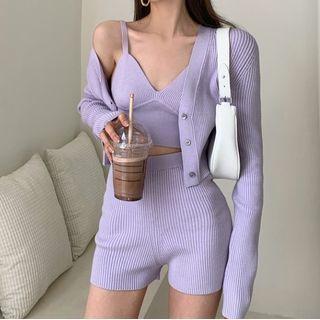 Knit Cropped Camisole Top / Cardigan / High-waist Shorts