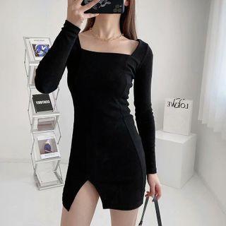 Square-neck Side-slit Mini Dress