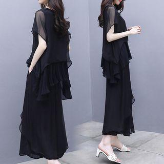 Set: Short-sleeve Chiffon Top + Chiffon Wide Leg Pants