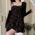 Spaghetti-strap Cherry Print Mini A-line Dress / Cardigan