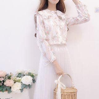 Floral Print Blouse / Beaded Mesh Midi Accordion Pleated Skirt
