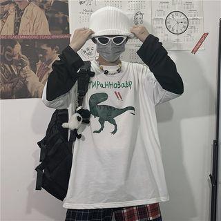 Mock Two-piece Dinosaur Print Long-sleeve T-shirt