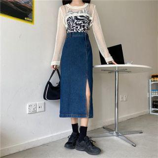High-waist Side-slit Denim Semi Skirt