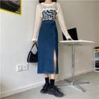 High-waist Side-slit Denim Semi Skirt