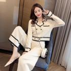 Set: Contrast Trim Knit Jacket + Wide Leg Pants