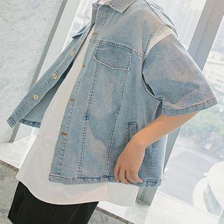Distressed Oversize Denim Vest/ Denim Panel Short-sleeve Tee