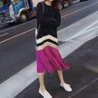 Color Block Pleated Panel Midi A-line Dress Black & White & Red - One Size