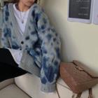 V-neck Leopard Knit Cardigan Gray & Blue - One Size