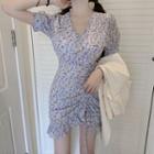 Floral Print Elbow-sleeve Mini A-line Dress / Short-sleeve Blazer