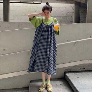 3/4-sleeve T-shirt / Spaghetti Strap Checker Midi Dress