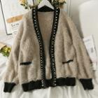 Open-front Pearl-trim Long Knit Cardigan