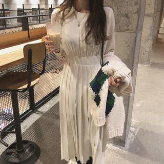 Long-sleeve Midi A-line Pleated Dress White - One Size