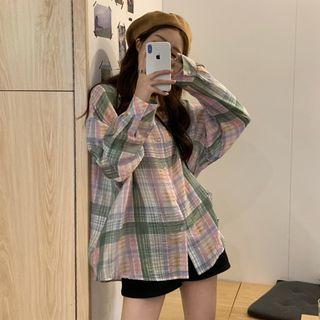 Long-sleeve Oversized Plaid Shirt As Shown In Figure - One Size