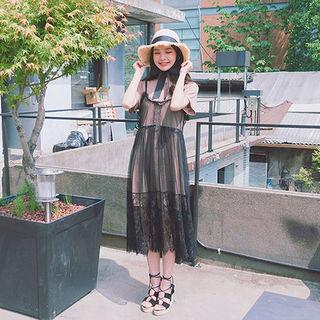 Set: Spaghetti-strap Laced Tulle Dress + T-shirt Dress