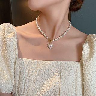Heart Faux Pearl Necklace Gold - One Size