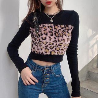 Long Sleeve Leopard Print Paneled Top