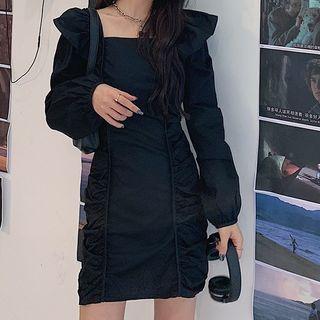 Shirred Square-neck Mini Sheath Dress