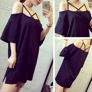 Elbow-sleeve Cold Shoulder Mini Dress Black - One Size