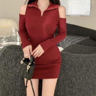 Mock-neck Half-zip Cold-shoulder Knit Dress