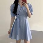 Short-sleeve Striped Tie-waist Mini A-line Shirtdress