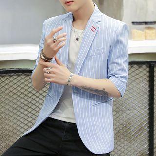Pinstriped 3/4-sleeve Single Button Blazer